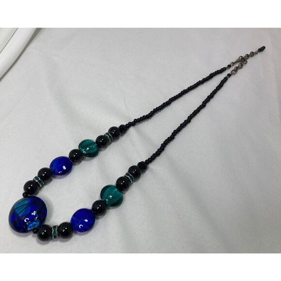 Vintage Lampwork Glass Beaded Necklace Blue Black 20” - 22” Adj. - Picture 6 of 7